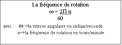 Zone de Texte: La fréquence de rotation  w = 2P n  60  avec :	 w®la vitesse angulaire en radian/seconde  n®la fréquence de rotation en tours/minute  