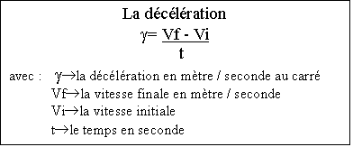 Zone de Texte: La décélération  g= Vf - Vi     t  avec :	 g®la décélération en mètre / seconde au carré  	Vf®la vitesse finale en mètre / seconde  	Vi®la vitesse initiale   	t®le temps en seconde  