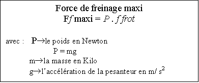 Zone de Texte: Force de freinage maxi  Ff maxi = P . f frot      avec :	 P®le poids en Newton  		P = mg  	m®la masse en Kilo  	g®l'accélération de la pesanteur en m/ s2  
